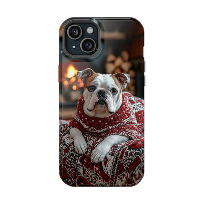 Cozy Bulldog in Sweater MagSafe iPhone Case – Festive Fireplace Protective Cover