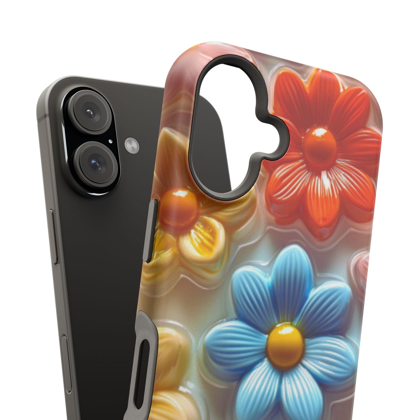 Glossy Retro Flower MagSafe iPhone Case – Colorful 3D Floral Design, Durable Protection