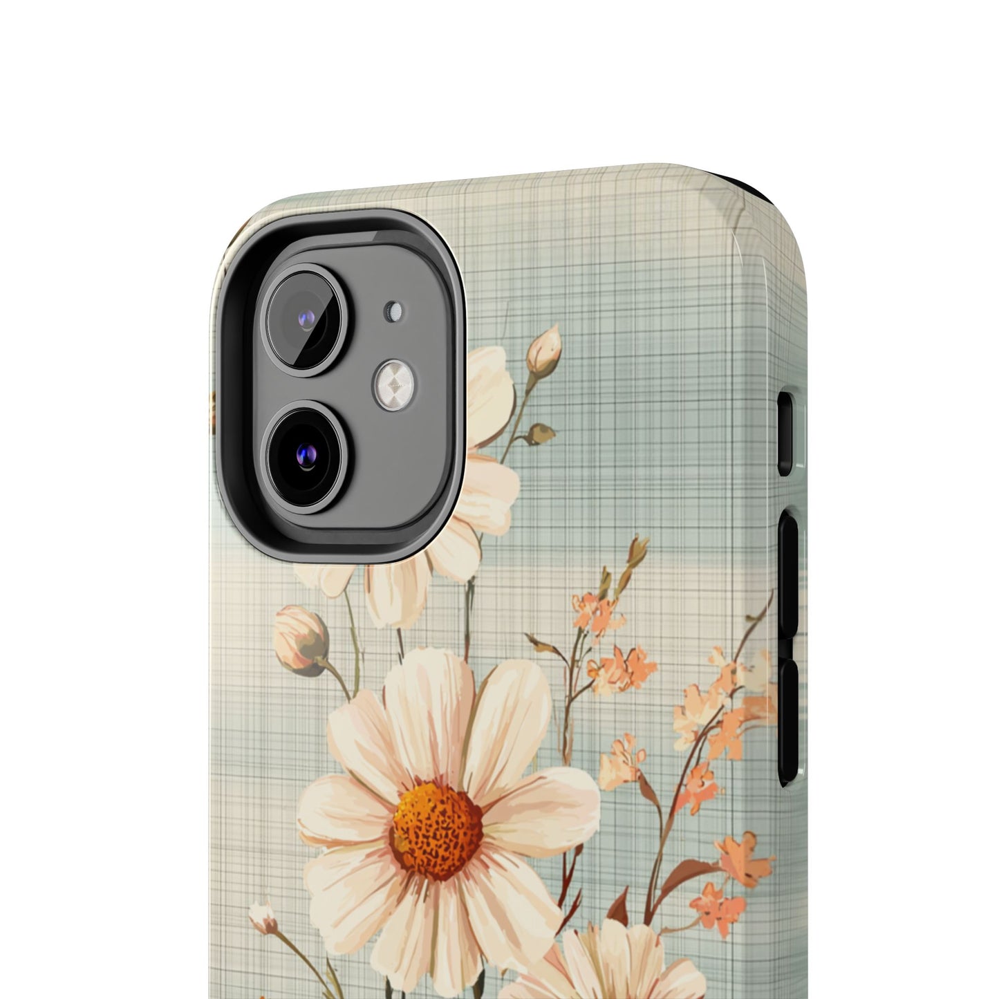 Vintage Plaid & Daisy Floral Tough iPhone Case – Dual-Layer Protection with Retro Flower Design