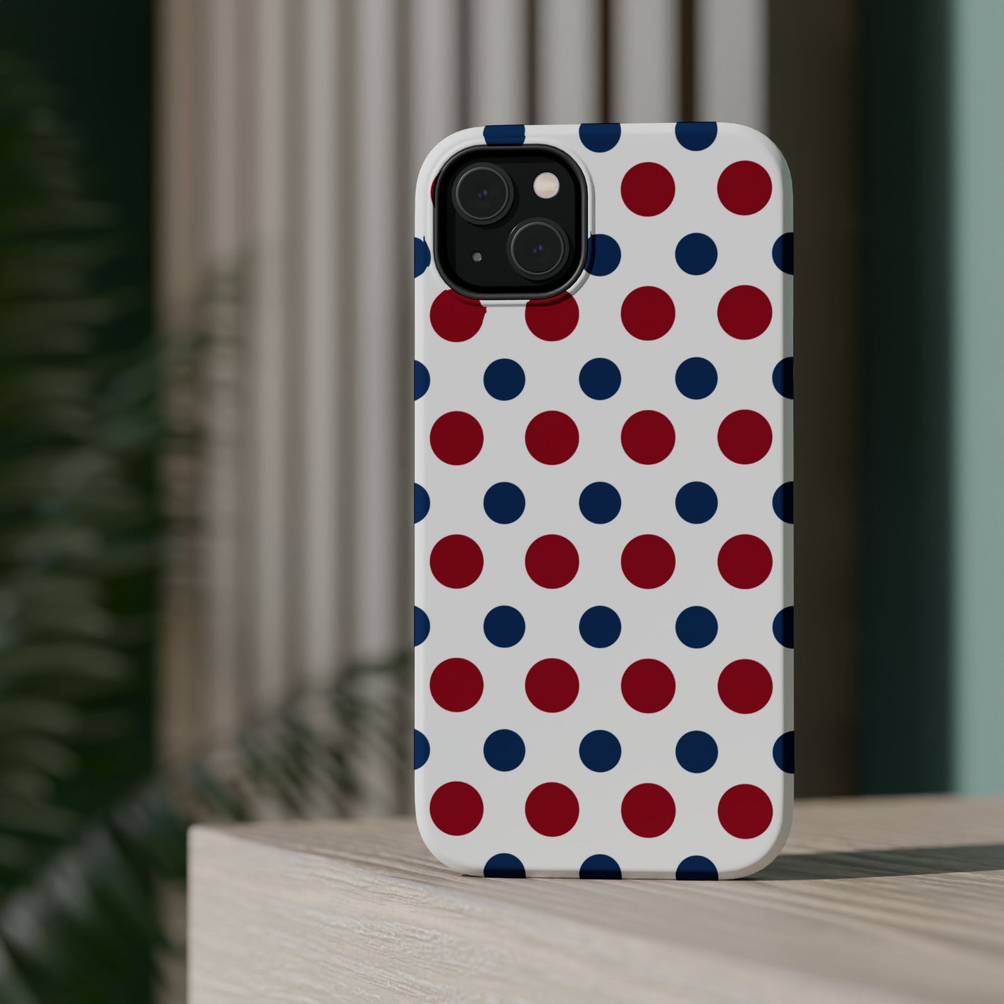 Patriotic Navy, White, and Red Polka Dot MagSafe iPhone Case