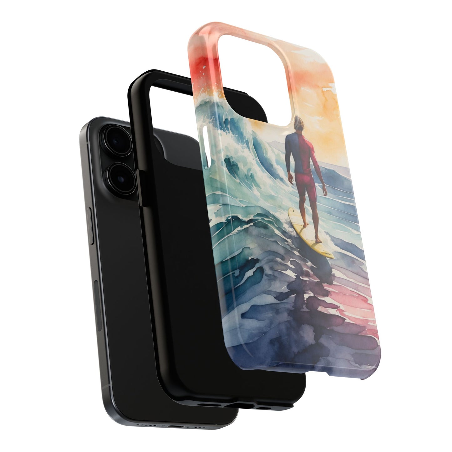 Surfer’s Sunset Wave iPhone Case – Vibrant Watercolor Design