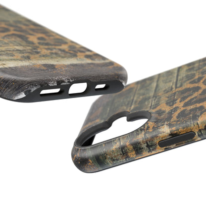 Rustic Wood and Leopard Print Tough MagSafe iPhone Case – Distressed Western Design with Dual-Layer Protection