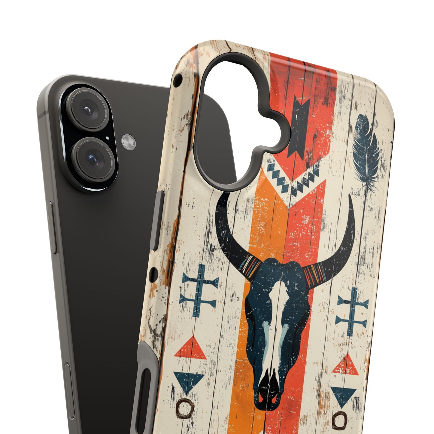 Rustic Western Bull Skull Tough MagSafe iPhone Case – Distressed Wood Design, Dual-Layer Protection