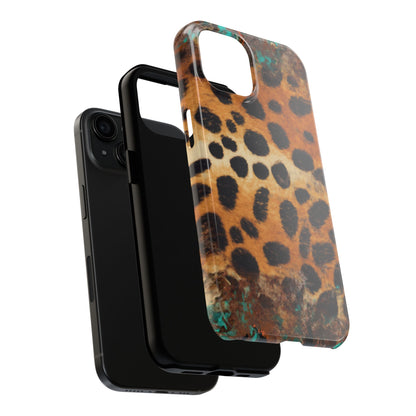 Rustic Leopard Print Tough iPhone Case – Distressed Turquoise and Animal Pattern with Dual-Layer Protection