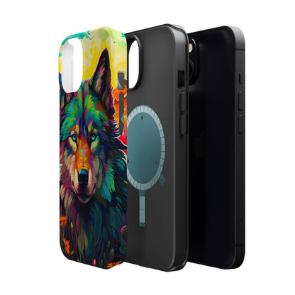 Rainbow Wolf in Bloom – MagSafe iPhone Case with Nature-Inspired Design