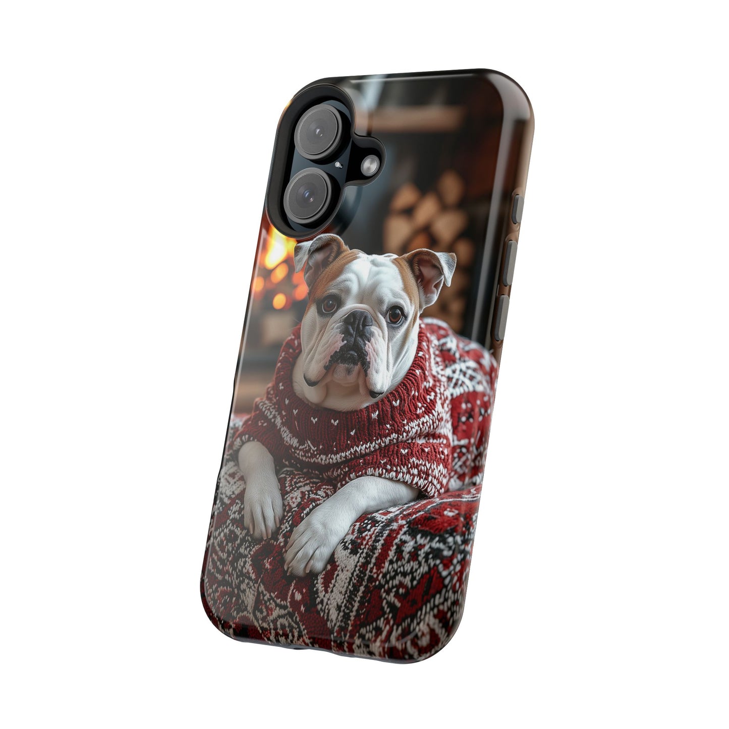 Cozy Bulldog in Sweater MagSafe iPhone Case – Festive Fireplace Protective Cover