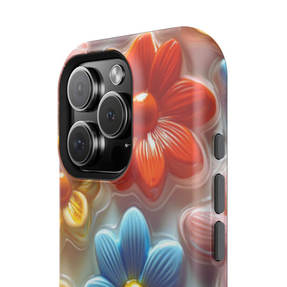 Glossy Retro Flower MagSafe iPhone Case – Colorful 3D Floral Design, Durable Protection