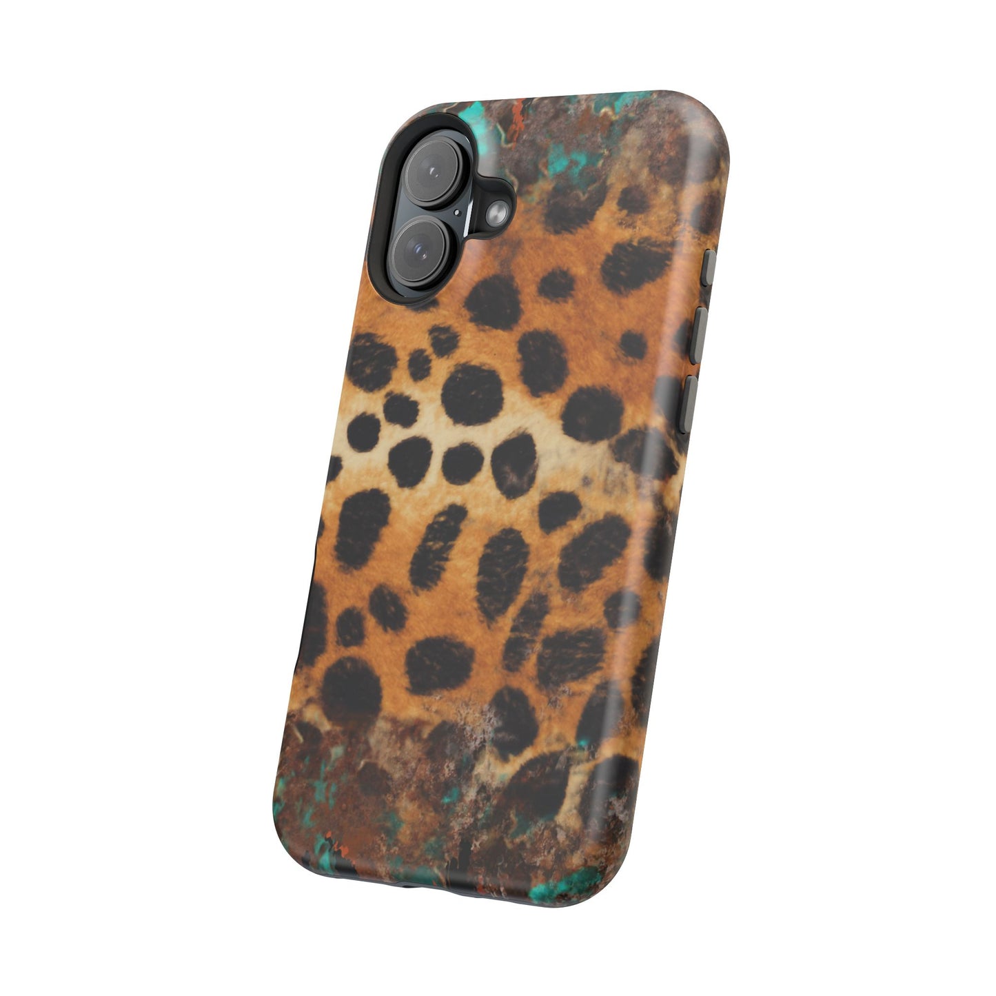 Rustic Leopard Print Tough MagSafe iPhone Case – Distressed Turquoise and Animal Pattern with Dual-Layer Protection