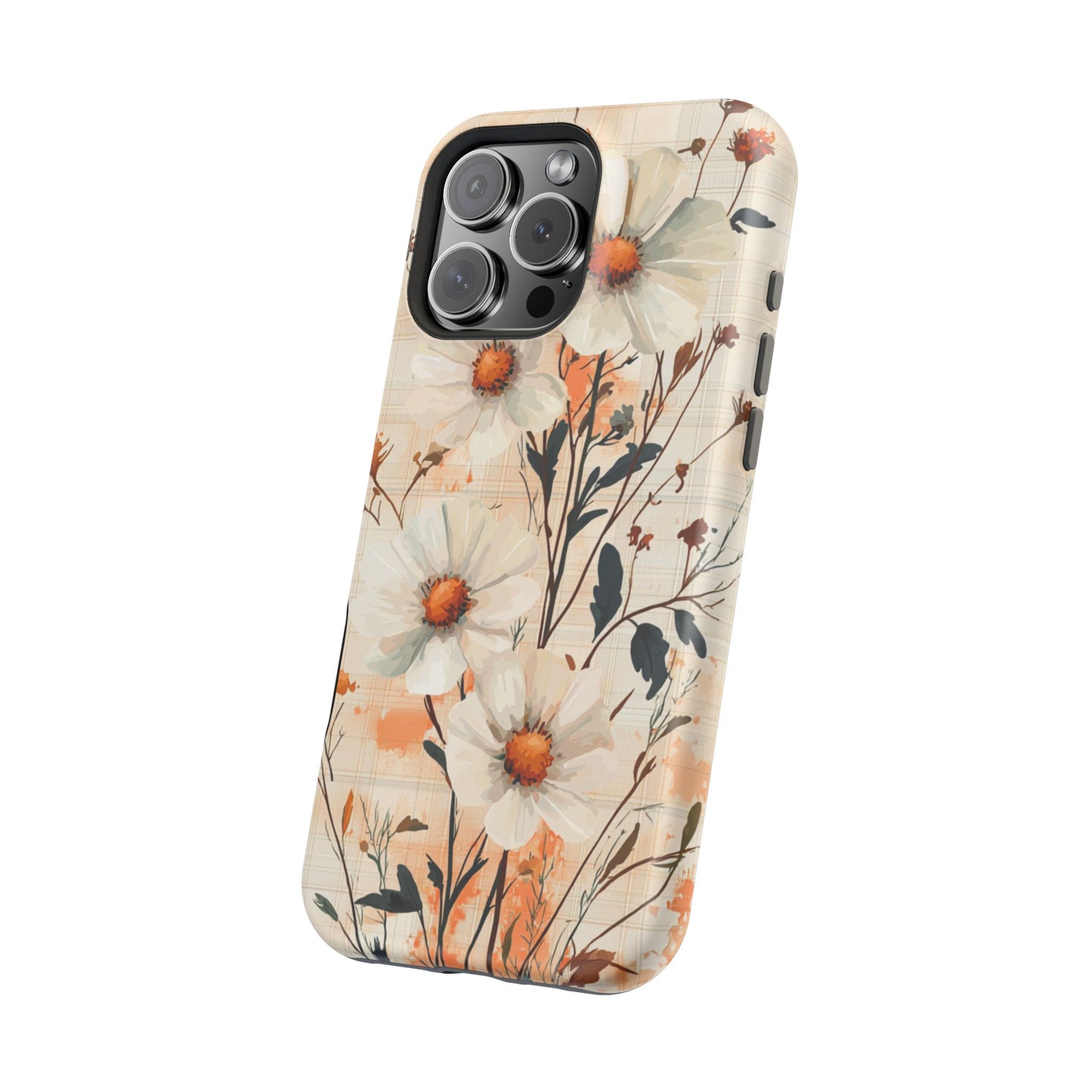 Pastel Orange Floral MagSafe iPhone Case - Elegant Plaid Protective Cover