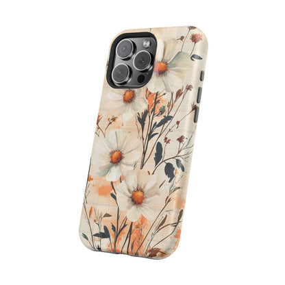 Pastel Orange Floral MagSafe iPhone Case - Elegant Plaid Protective Cover