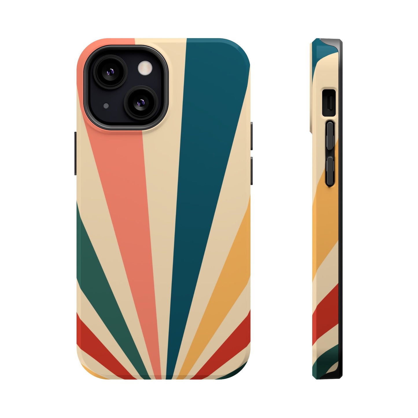 Retro Sunbeam MagSafe iPhone Case – 70s-Inspired Radiating Stripes in Coral, Teal, and Mustard