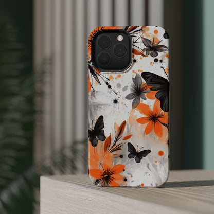 Orange Blossom & Black Butterfly MagSafe iPhone Case – Bold Floral Pattern with Modern Abstract Style