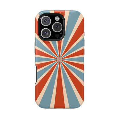 Vintage Blue & Red Sunburst MagSafe iPhone Case – Bold Geometric Pattern, Shock-Resistant Cover