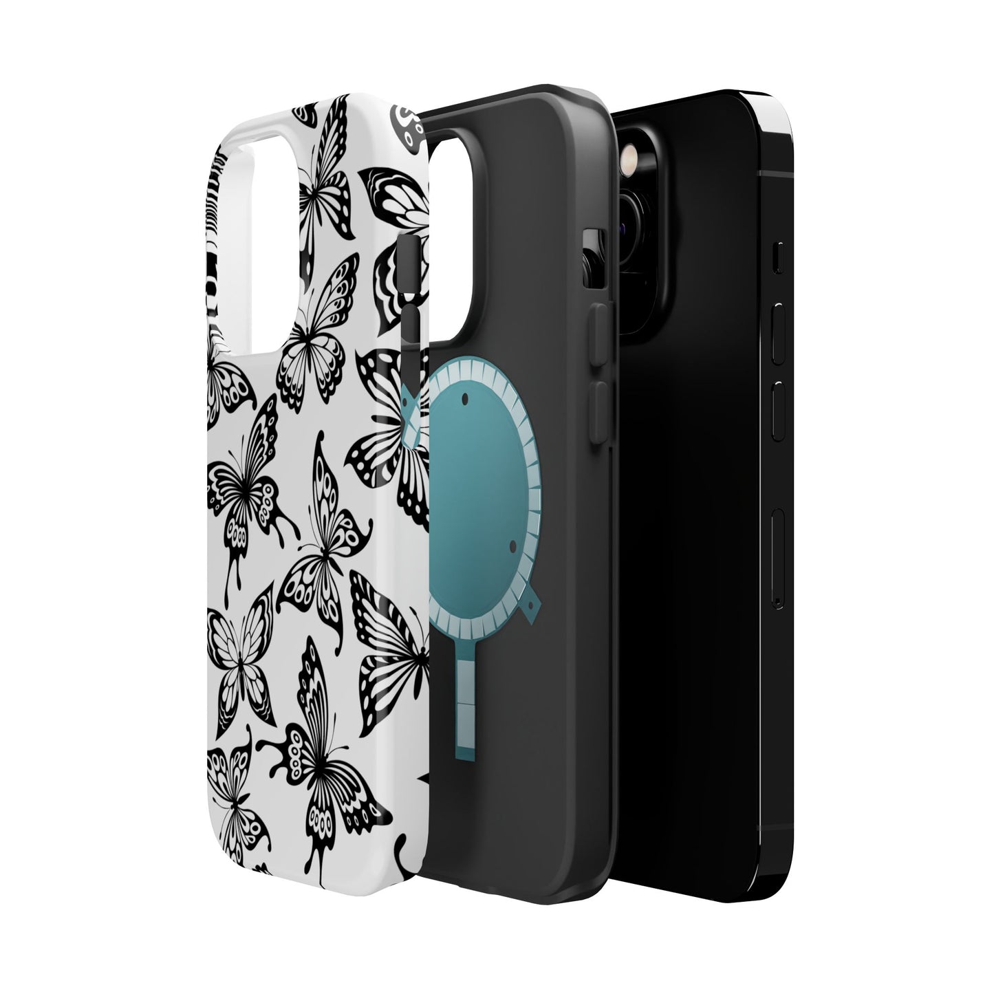 Monochrome Butterfly Pattern Tough MagSafe Case – Dual-Layer Protection with Matte Finish