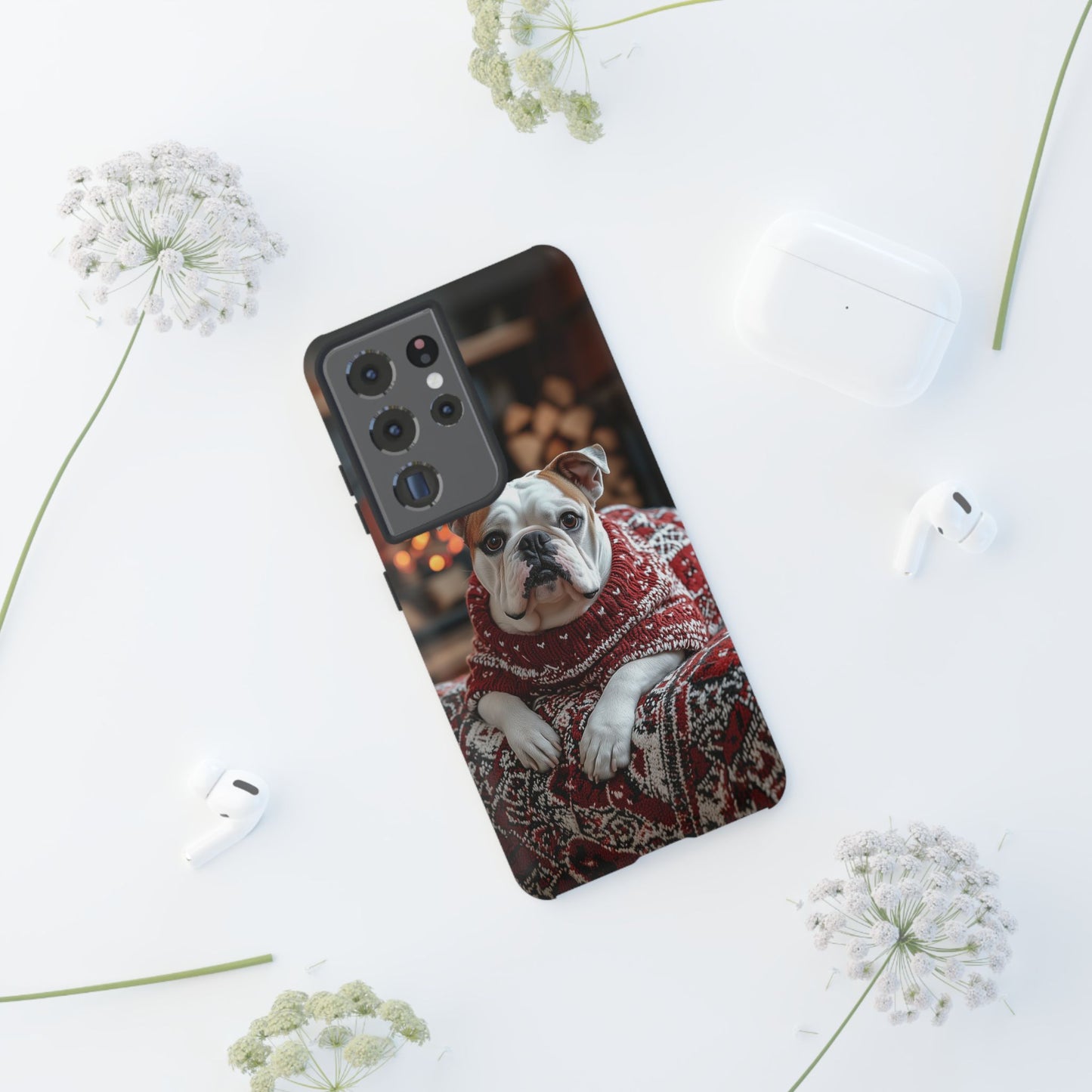 Cozy Bulldog in Sweater Samsung Galaxy Case – Festive Fireplace Protective Cove