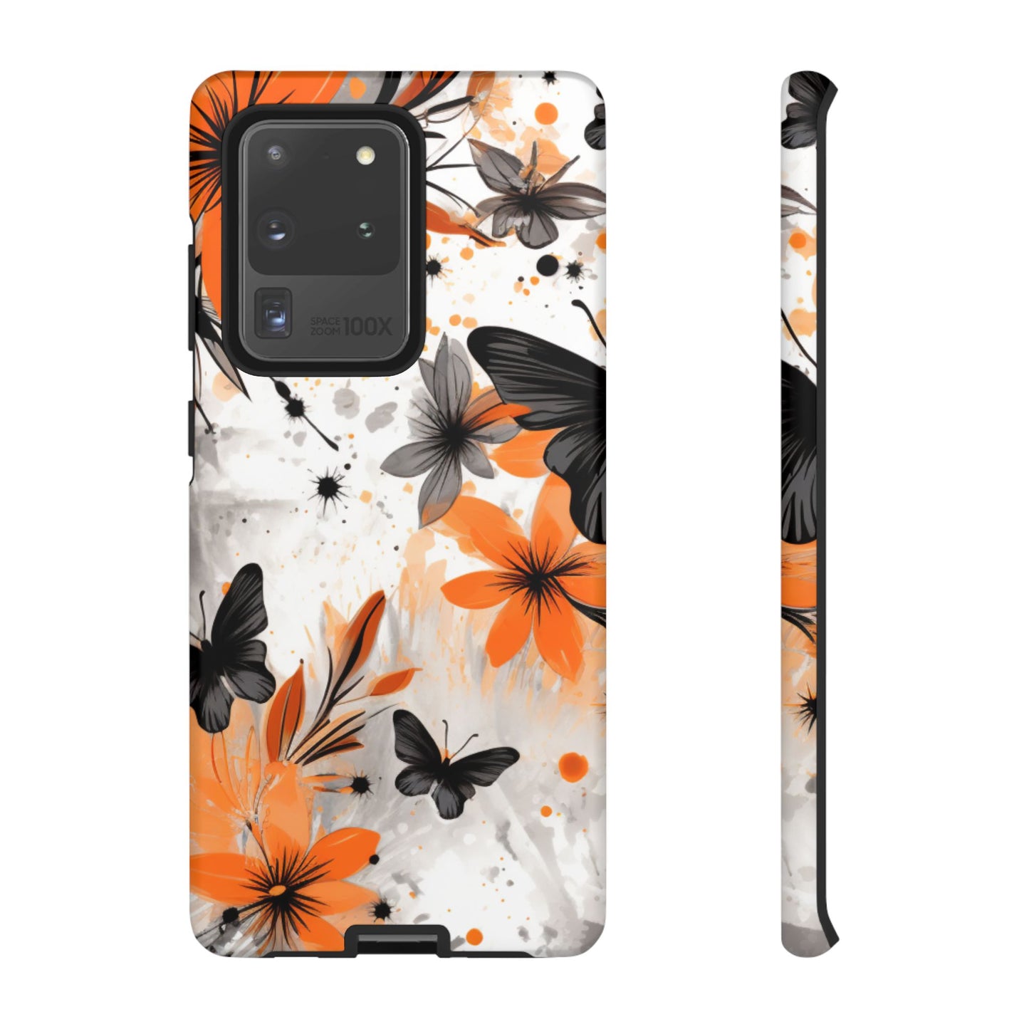 Orange Blossom & Black Butterfly Samsung Galaxy Case – Bold Floral Pattern with Modern Abstract Style