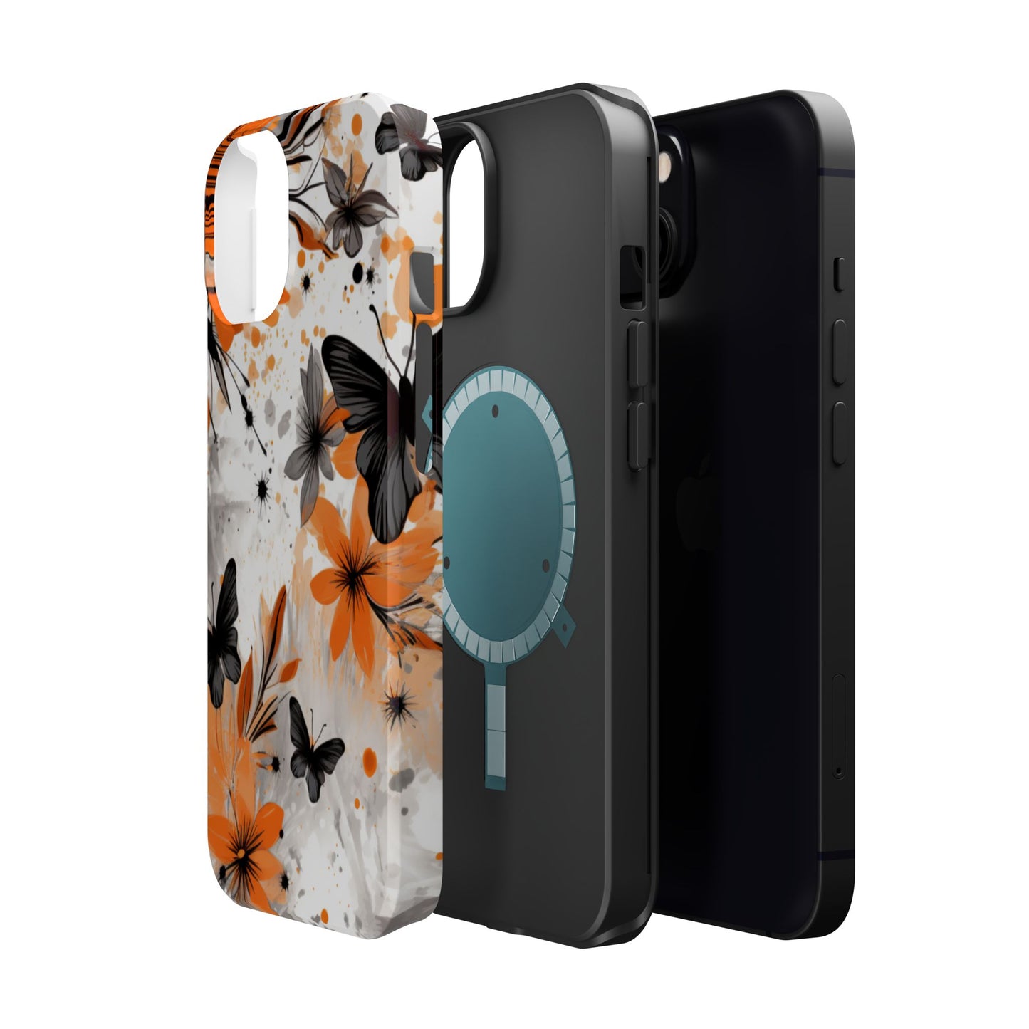 Orange Blossom & Black Butterfly MagSafe iPhone Case – Bold Floral Pattern with Modern Abstract Style