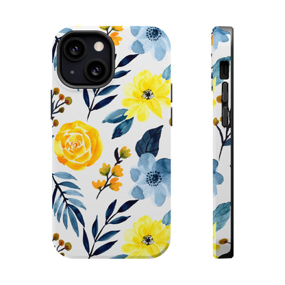 Golden Yellow & Sky Blue Floral – Watercolor Botanical MagSafe iPhone Case