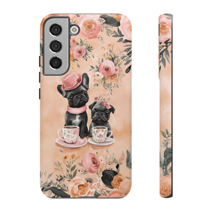 Floral French Bulldogs Samsung Galaxy Case – Elegant Dog Design with Tea Cups & Roses, Shockproof Protection