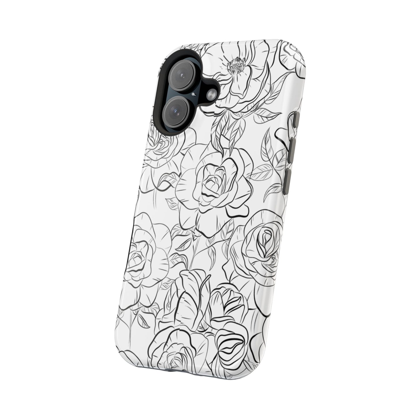 Monochrome Rose Garden Tough MagSafe iPhone Case – Elegant Floral Line Art with Dual-Layer Protection