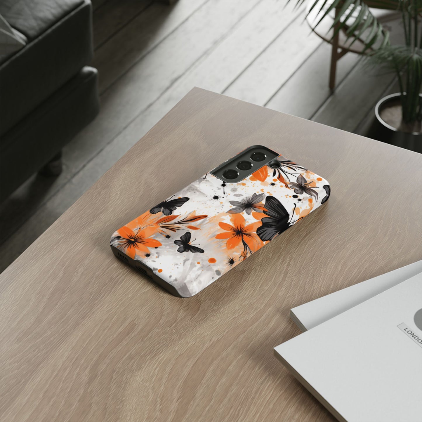 Orange Blossom & Black Butterfly Samsung Galaxy Case – Bold Floral Pattern with Modern Abstract Style