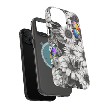 Rainbow Butterflies & Monochrome Sunflowers – MagSafe iPhone Case