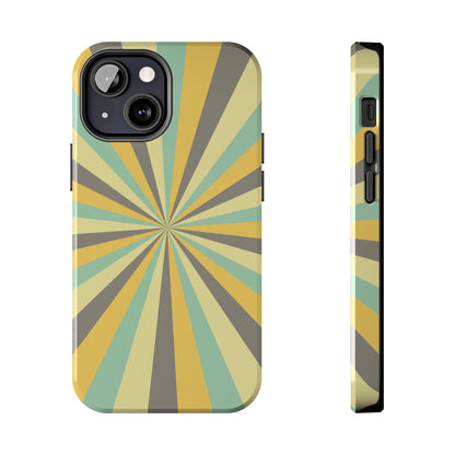 Vintage Sunburst Rays iPhone Case – Bold 70s-Inspired Burst in Yellow, Mint, and Gray