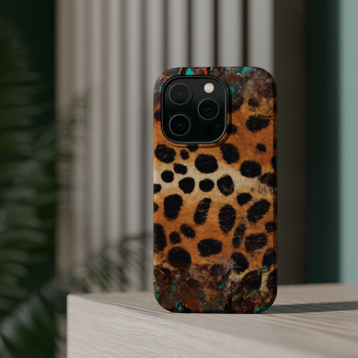 Rustic Leopard Print Tough MagSafe iPhone Case – Distressed Turquoise and Animal Pattern with Dual-Layer Protection