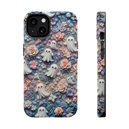 Cute MagSafe Ghosts Flowers Phone Case | Ethereal Clay Style | Autumn and Halloween Aesthetic | Tough Dual Layer Protection