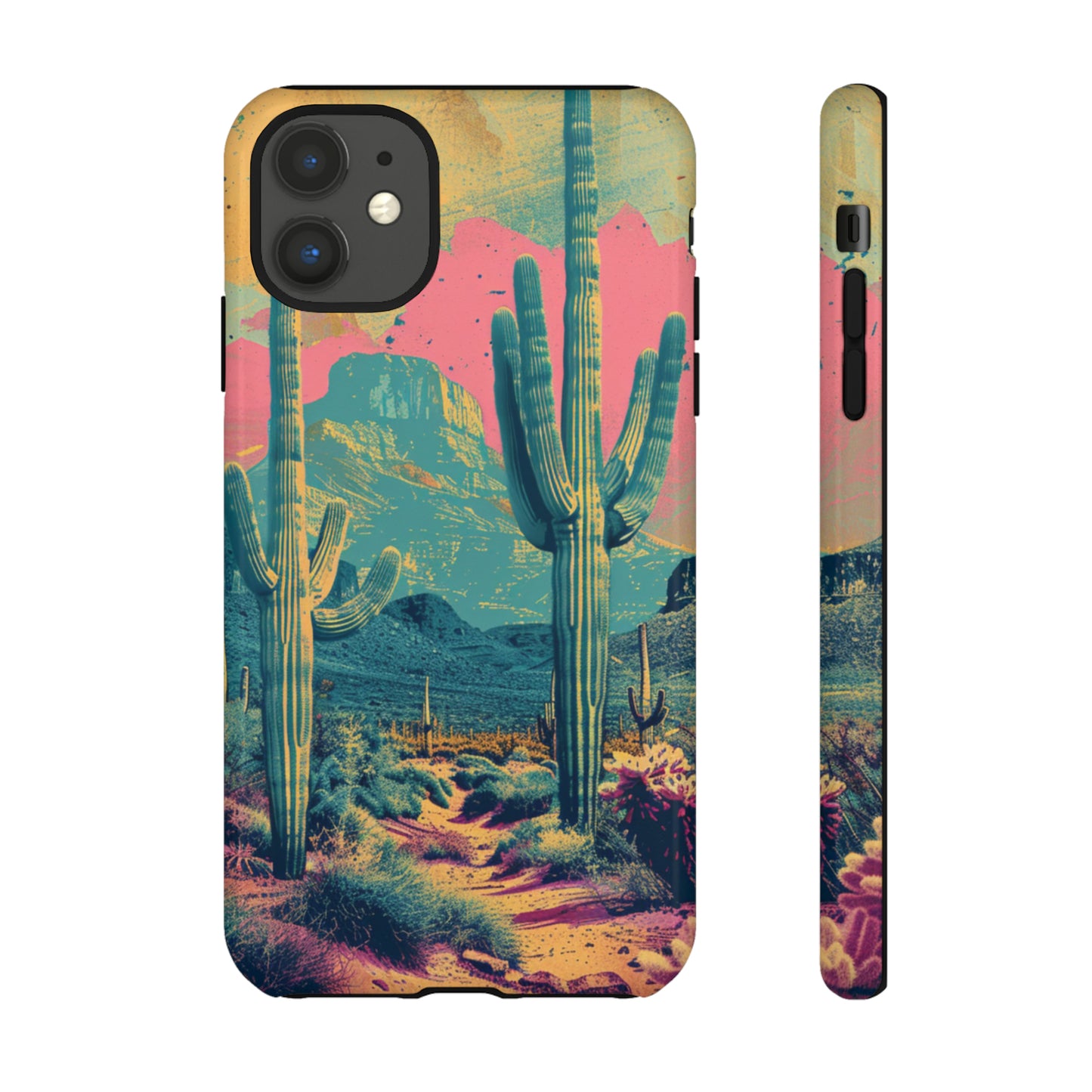 Desert Oasis Retro Cactus Phone Case - Vibrant Sunset Landscape for iPhone 15/14/13/12, Samsung S24/S23/S22/S21, & Google Pixel