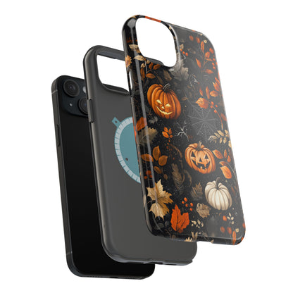 Elegant Halloween MagSafe iPhone Case – Pumpkin Jack-o'-Lanterns, Cobwebs & Autumn Foliage Design