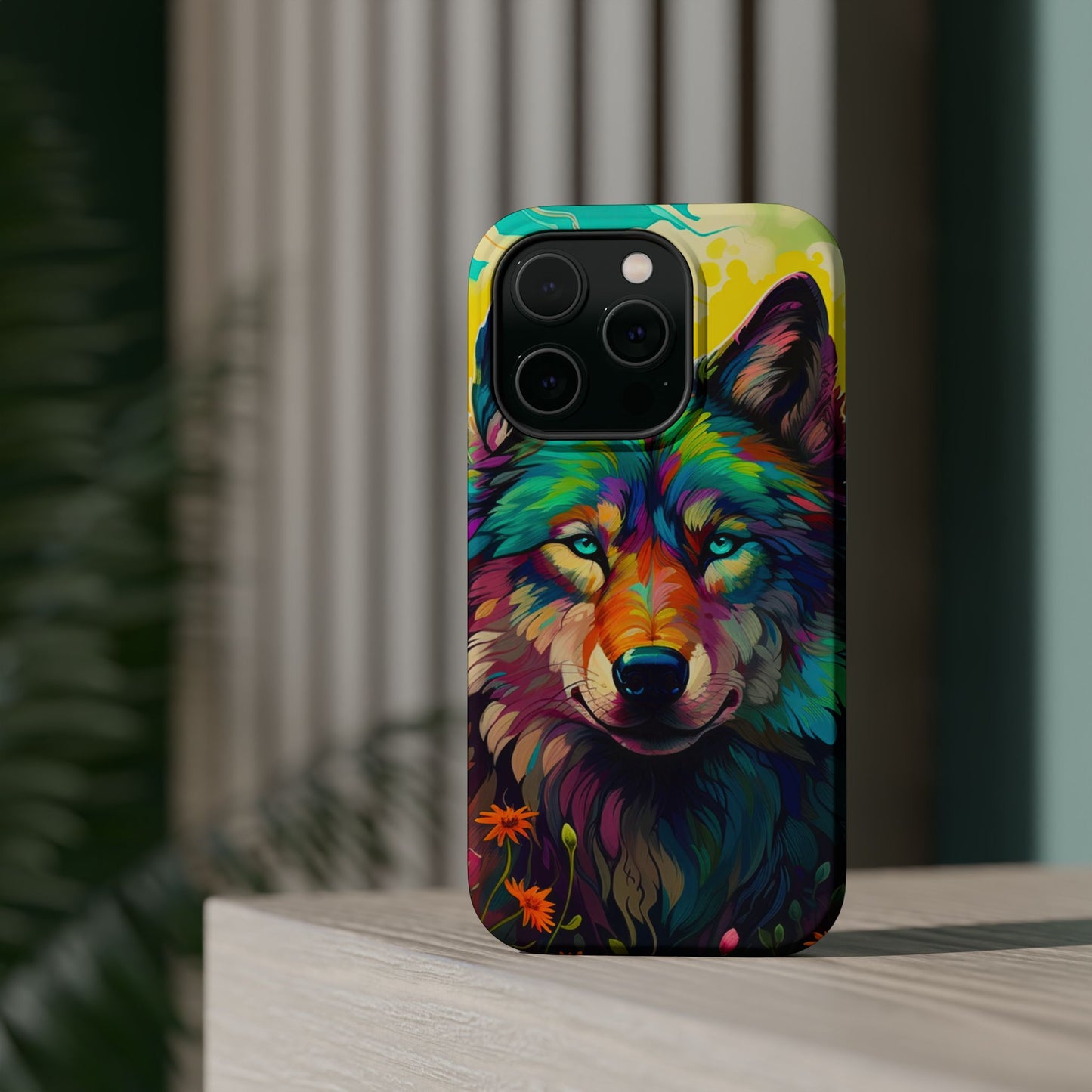 Rainbow Wolf in Bloom – MagSafe iPhone Case with Nature-Inspired Design