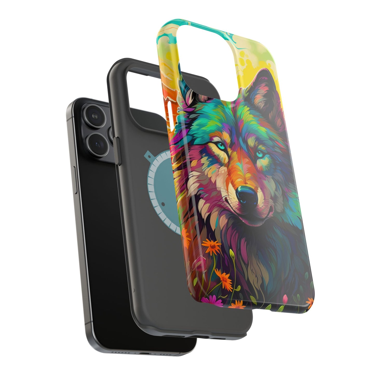 Rainbow Wolf in Bloom – MagSafe iPhone Case with Nature-Inspired Design