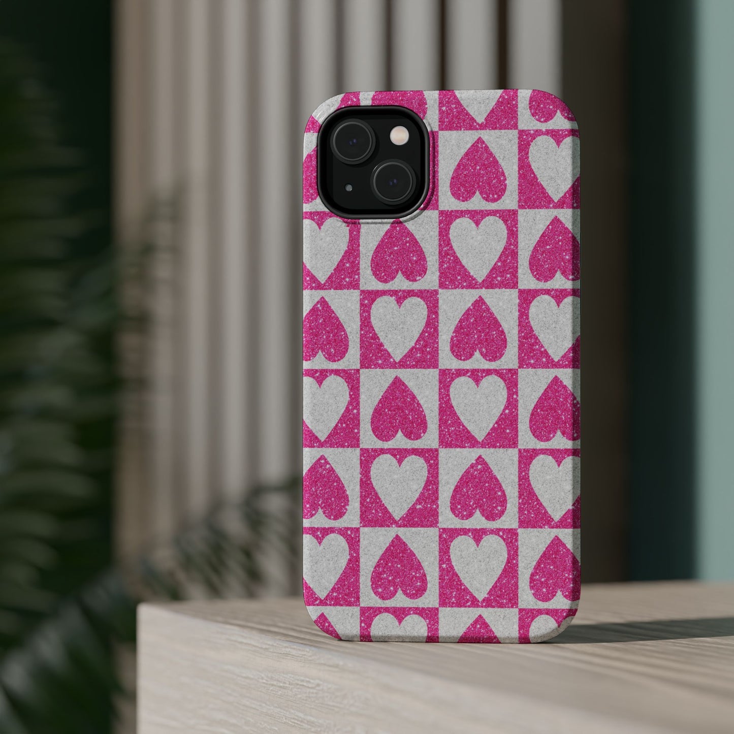 Pink Glitter Heart Checkered Pattern MagSafe Case