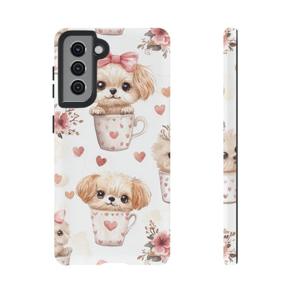 Cute Puppies in Heart Mugs Samsung Galaxy Case – Adorable Dog & Floral Design, Shockproof & Slim - BOGO Cases