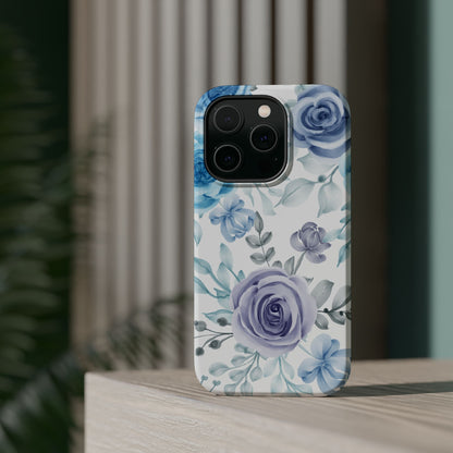 Elegant Blue & Violet Roses MagSafe Case – Artistic Floral Protection with Magnetic Charging Compatibility