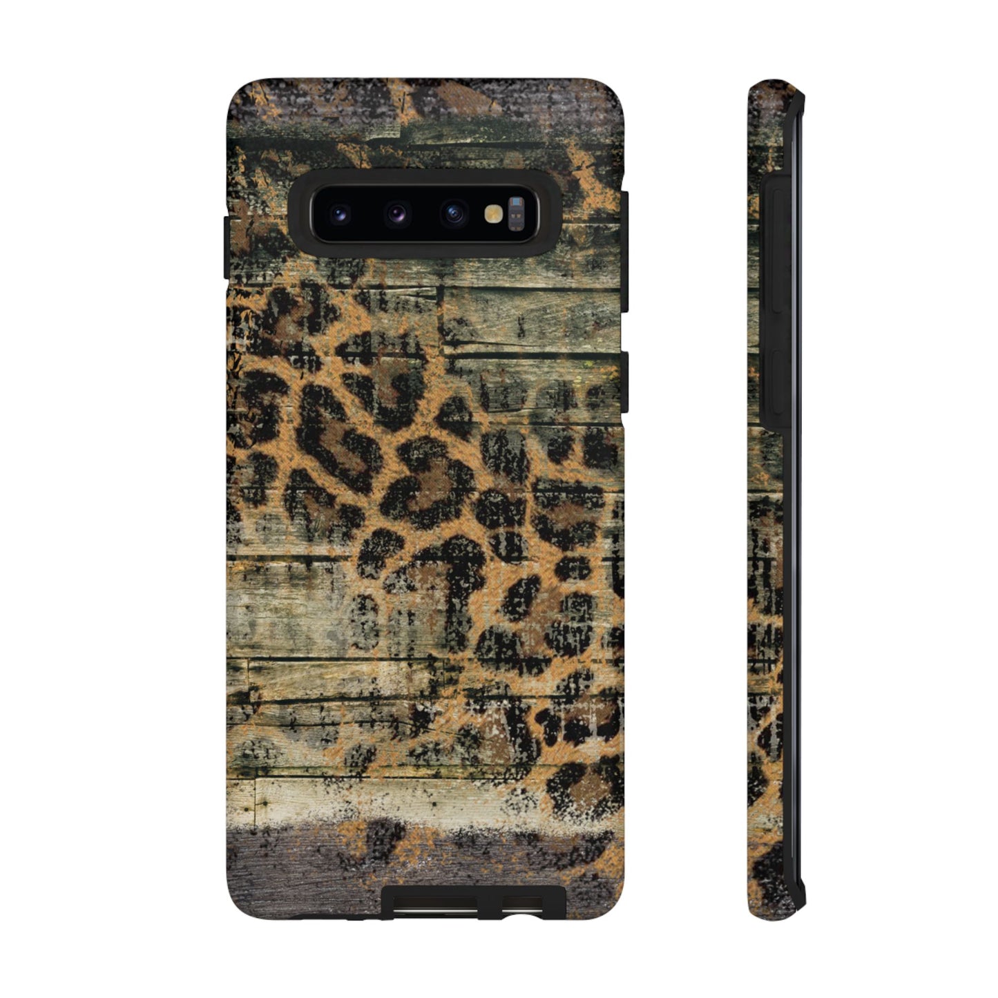 Rustic Wood and Leopard Print Tough Samsung Galaxy Case – Distressed Western Design with Dual-Layer Protection