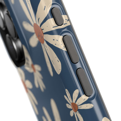 Vintage Daisies MagSafe iPhone Case – Navy Blue Floral Design, Scratch-Resistant with Shock-Absorbing Bumper