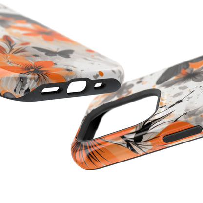 Orange Blossom & Black Butterfly MagSafe iPhone Case – Bold Floral Pattern with Modern Abstract Style