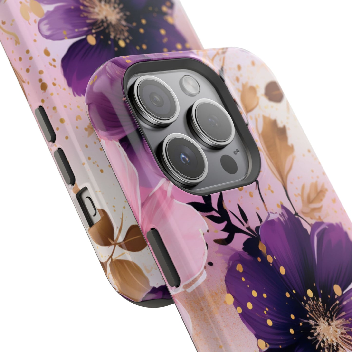 Elegant Purple & Gold Floral MagSafe iPhone Case - Luxe Flower Design