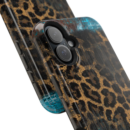 Boho Leopard and Turquoise Tough MagSafe iPhone Case – Rustic Western Design with Dual-Layer Protection