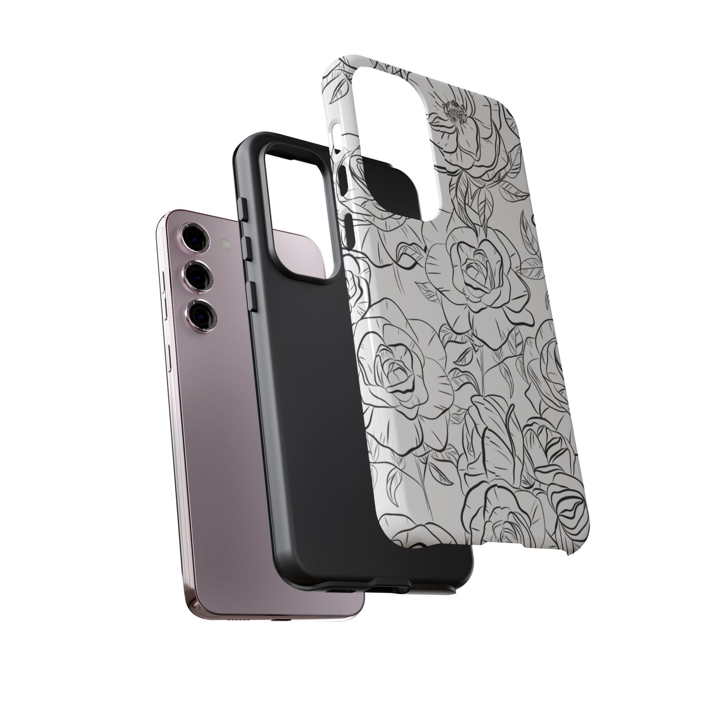 Monochrome Rose Garden Tough Samsung Galaxy Case – Elegant Floral Line Art with Dual-Layer Protection