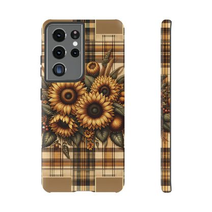 Country Sunflower Phone Case - Harvest Hues - Vintage Style Sunflower Plaid Phone Cover for iPhone, Samsung Galaxy , & Google Series.