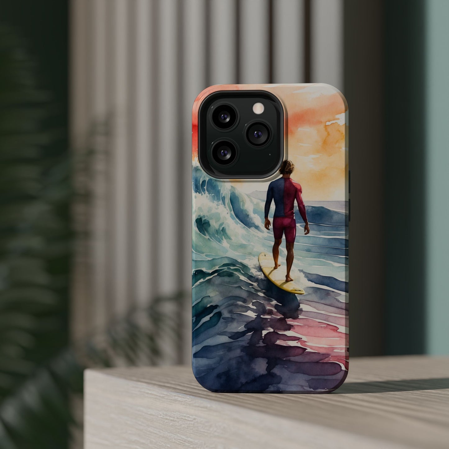 Surfer’s Sunset Wave MagSafe iPhone Case – Vibrant Watercolor Design