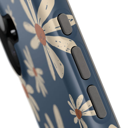 Vintage Daisies MagSafe iPhone Case – Navy Blue Floral Design, Scratch-Resistant with Shock-Absorbing Bumper