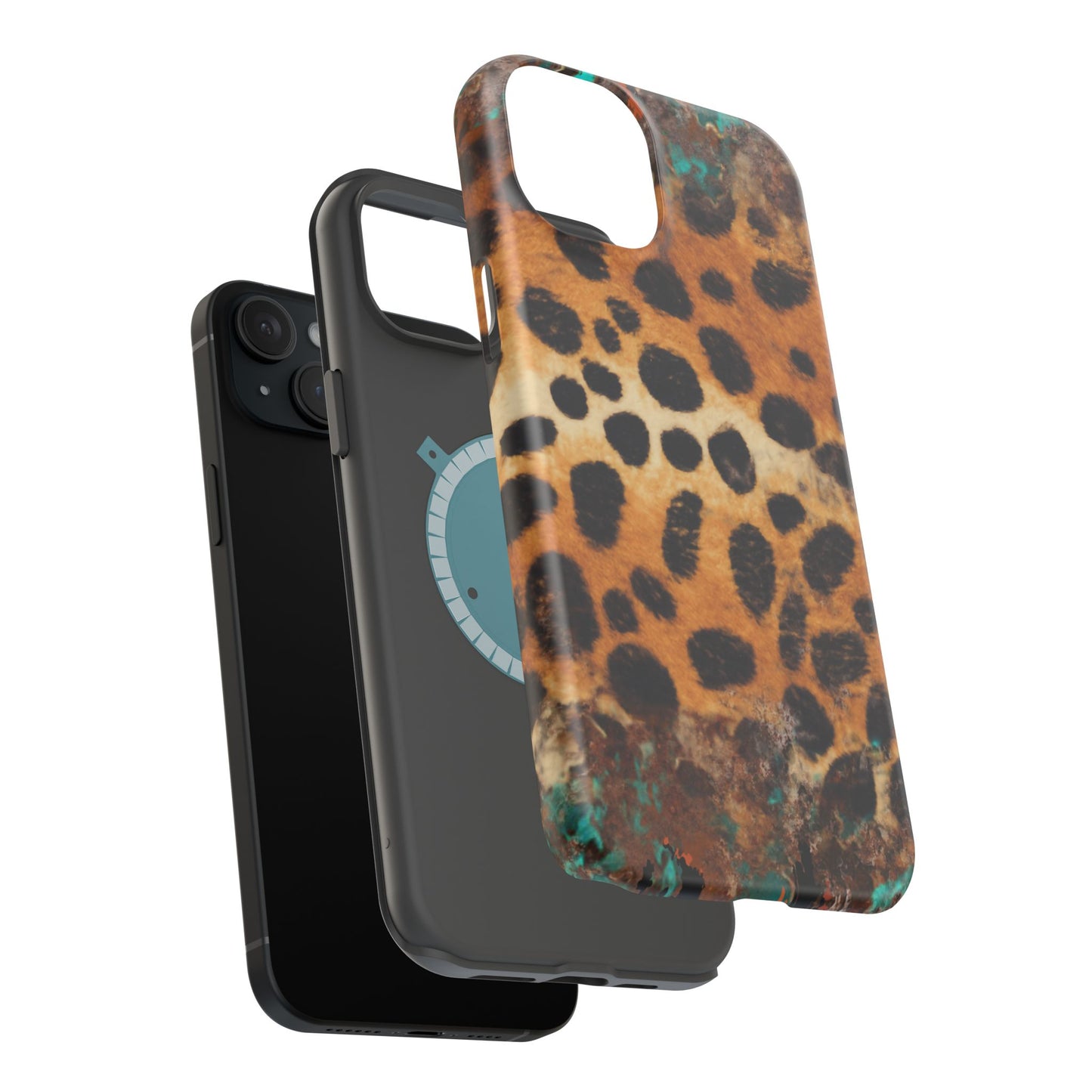 Rustic Leopard Print Tough MagSafe iPhone Case – Distressed Turquoise and Animal Pattern with Dual-Layer Protection