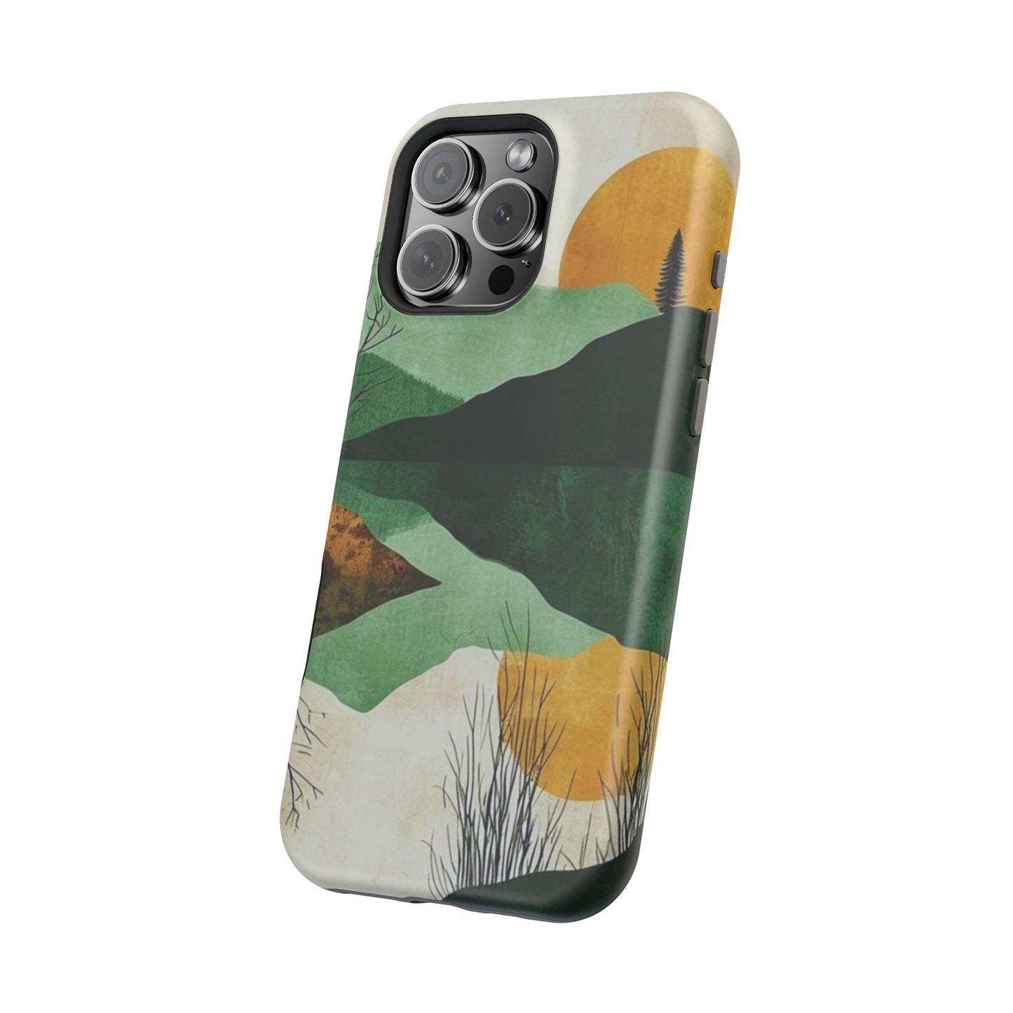 Retro Mountain Sunrise MagSafe iPhone Case – Minimalist Landscape Design, Dual-Layer Protection