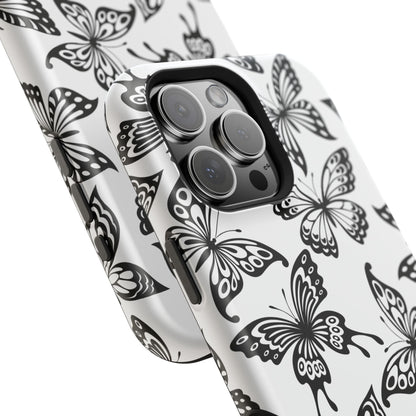 Monochrome Butterfly Pattern Tough MagSafe Case – Dual-Layer Protection with Matte Finish