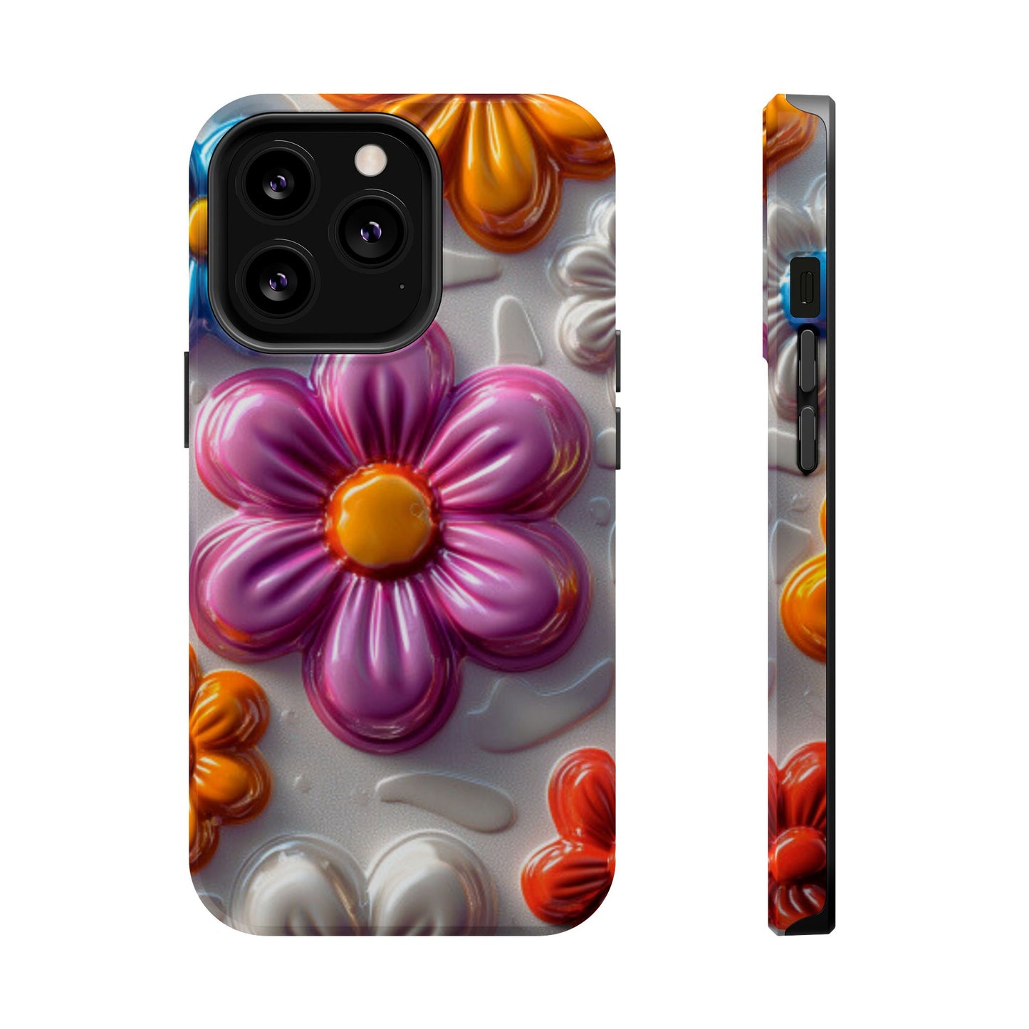 Glossy 3D Floral MagSafe iPhone Case – Colorful Flower Pattern, Durable Protection