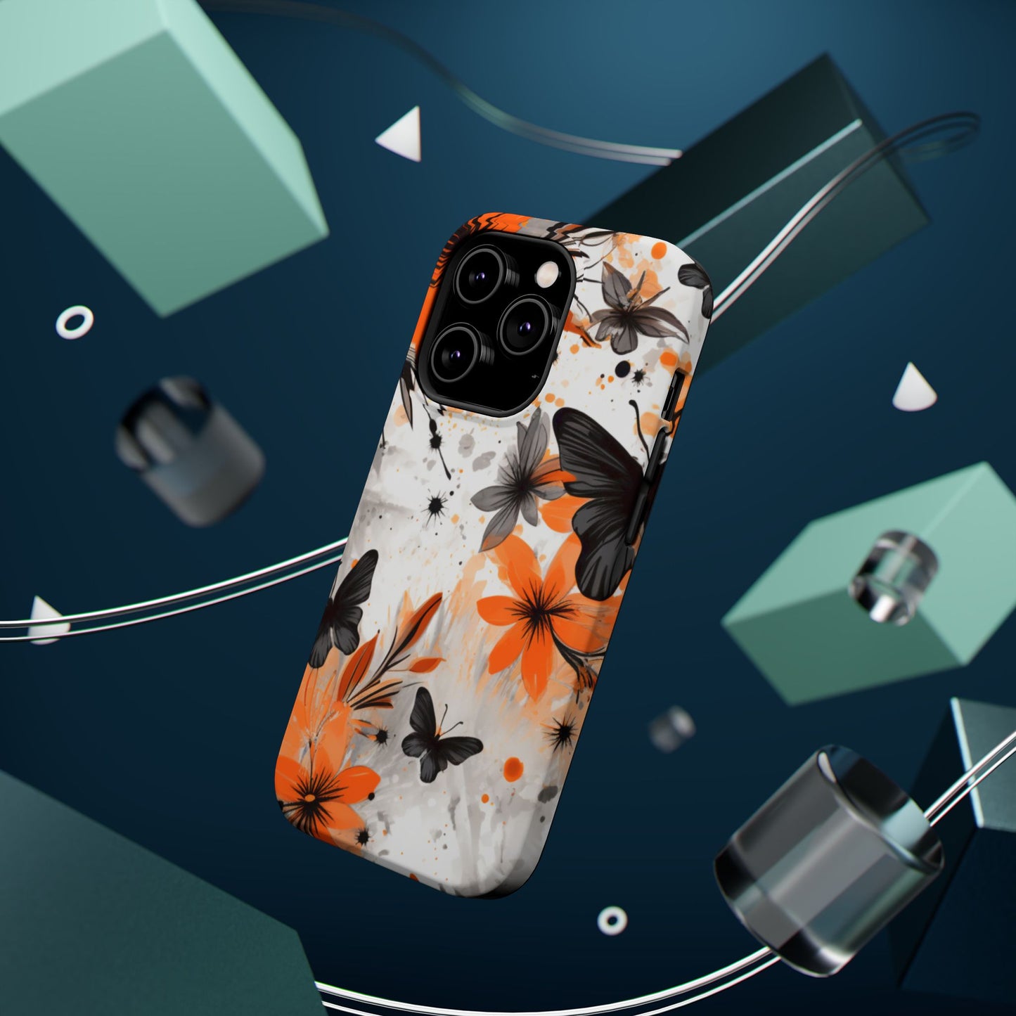 Orange Blossom & Black Butterfly MagSafe iPhone Case – Bold Floral Pattern with Modern Abstract Style